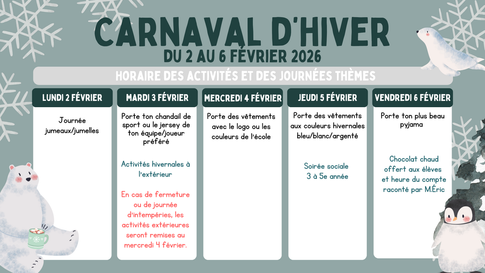 Festival d’hiver à l’école Claudette-Bradshaw : du 2 au 6 février